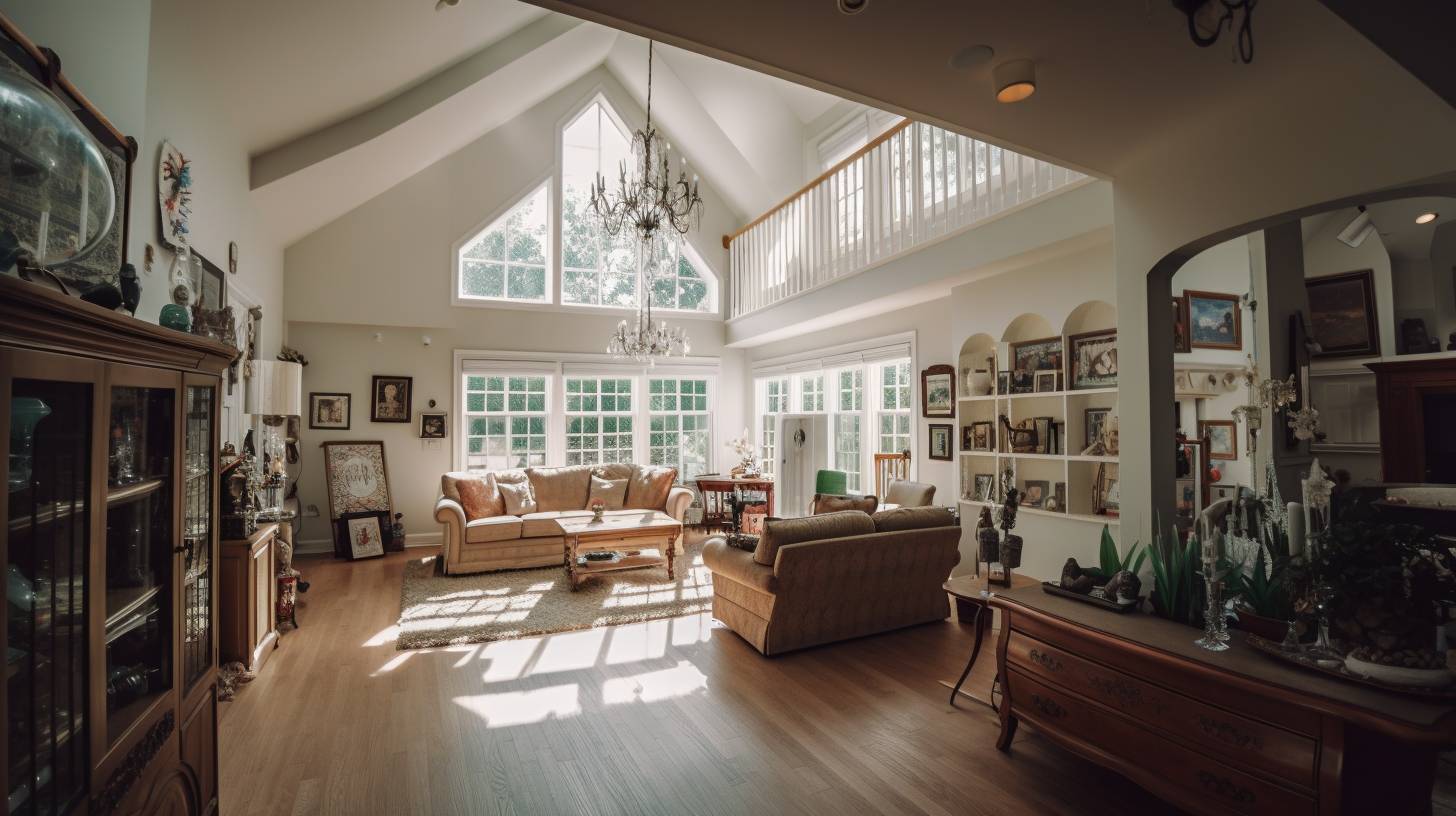 A living room with large windows and a chandelier.