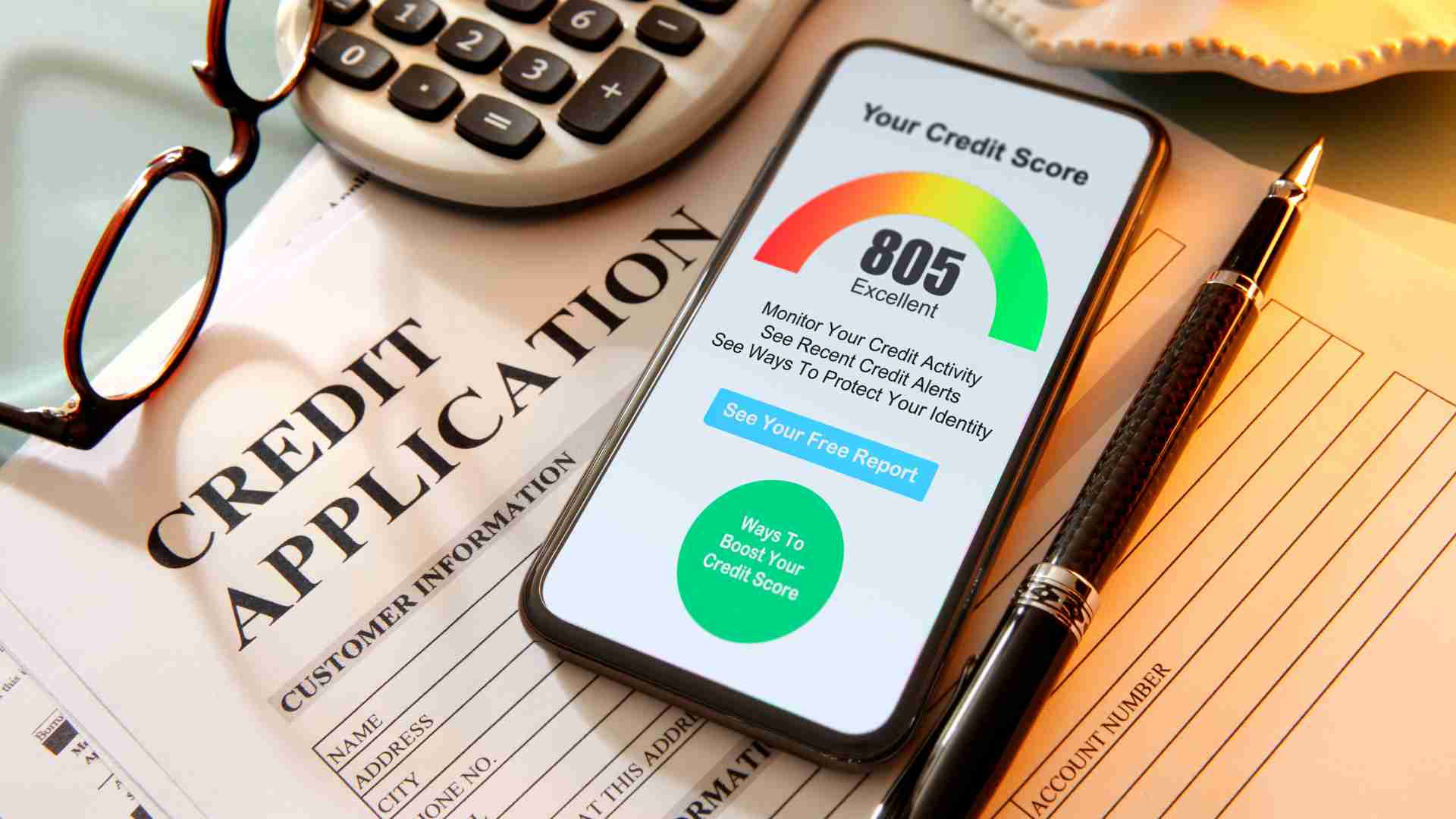 A smartphone displaying a credit score of 805 rests on a table with a credit application form, a pen, a calculator, and a pair of glasses.