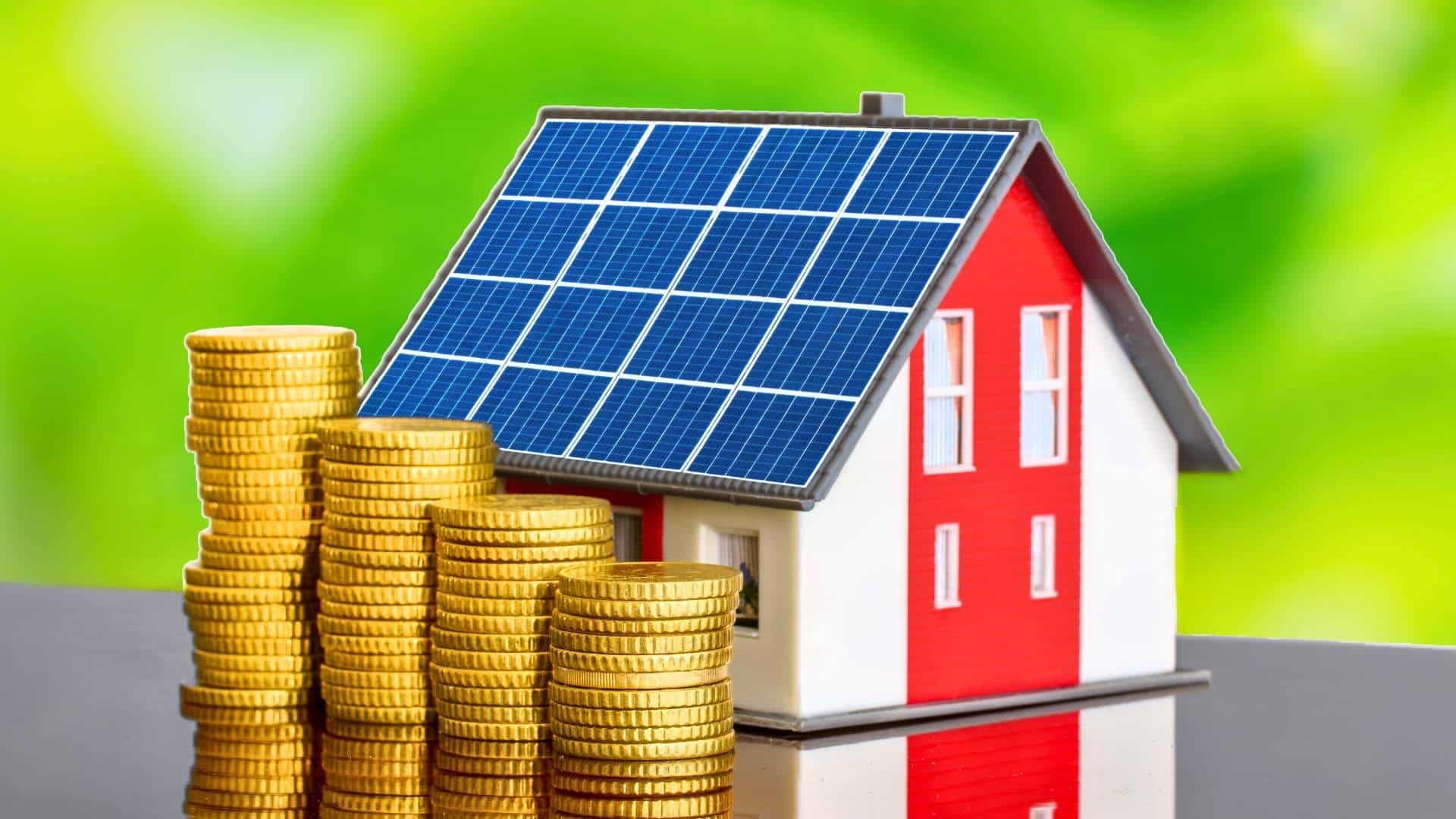 energy efficient home michigan tiny house with solar panel next to stacks of coins