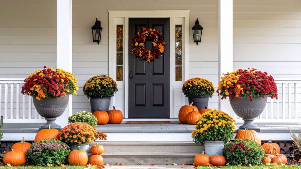 Fall Home Porch Decorated with Pumpkins and Flowers