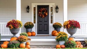 Fall Home Porch Decorated with Pumpkins and Flowers